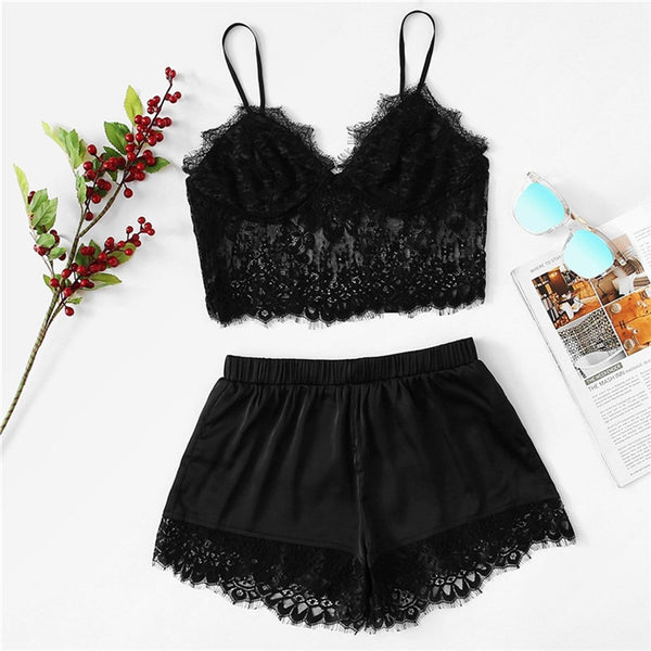 Womens Sexy Plus Size Sling Sleepwear Satin Lace Sling Underwear Set Lace Nightwear Underwear Set Sling shorts suit